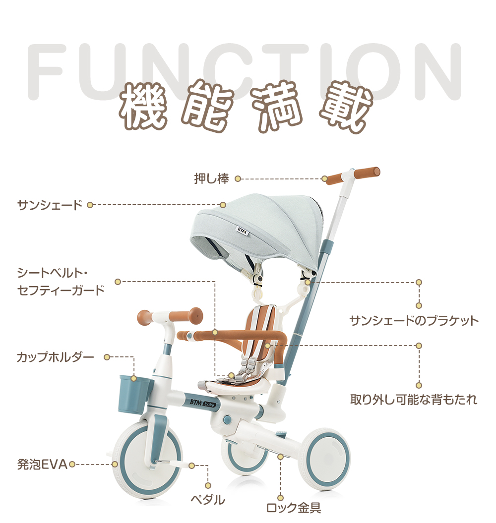 新モデル登場】子供用三輪車 7in1 BTM 押し棒付き 安全バー付き