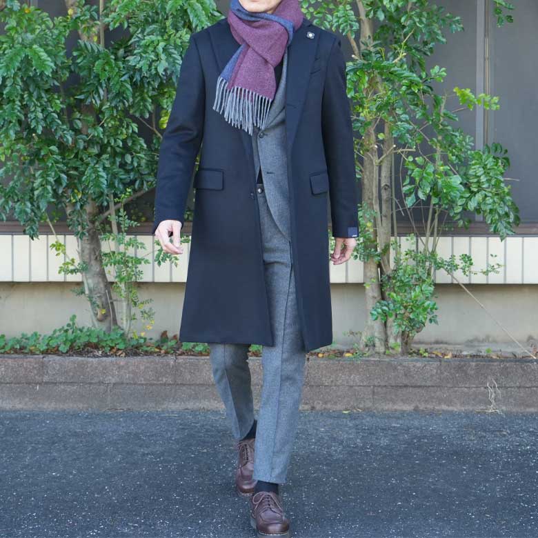 美品 ラルディーニ ブートニエール チェスターコート ネイビー ロング