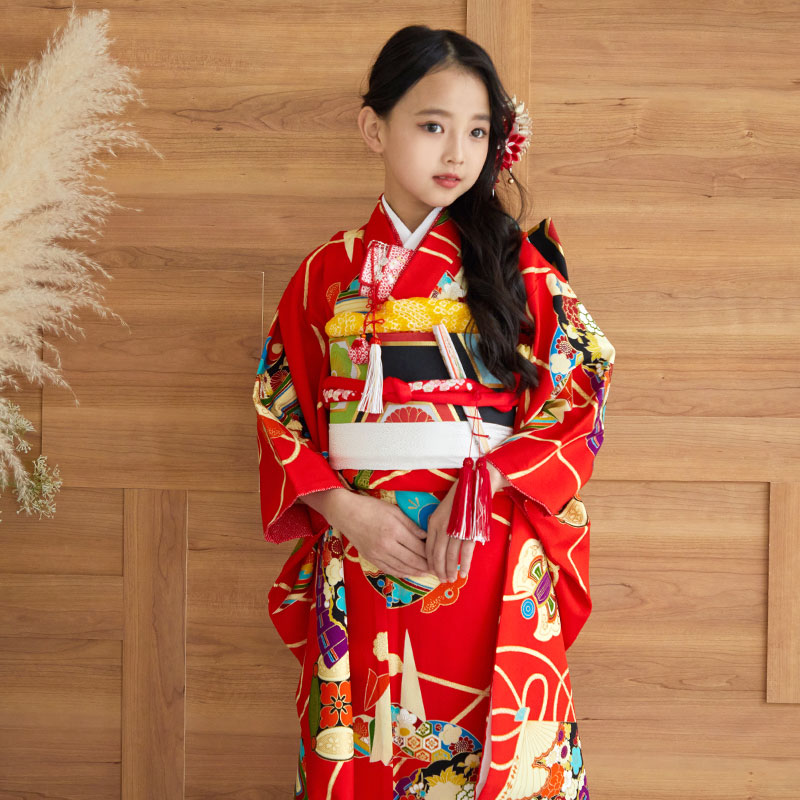 七五三 7歳着物 レンタル フルセット 紅一点 ブランド着物 赤 扇面に