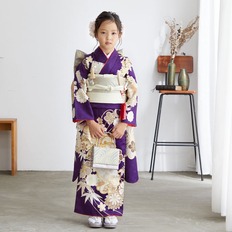 七五三 7歳着物 レンタル フルセット 紫 梅と菊 女の子 七歳 753