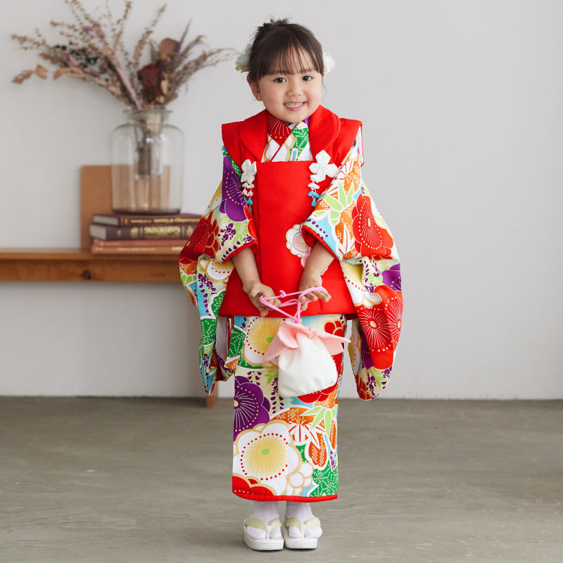 七五三 着物レンタル 3歳 753 女の子 フルセット 被布 水色桜疋田蝶×赤