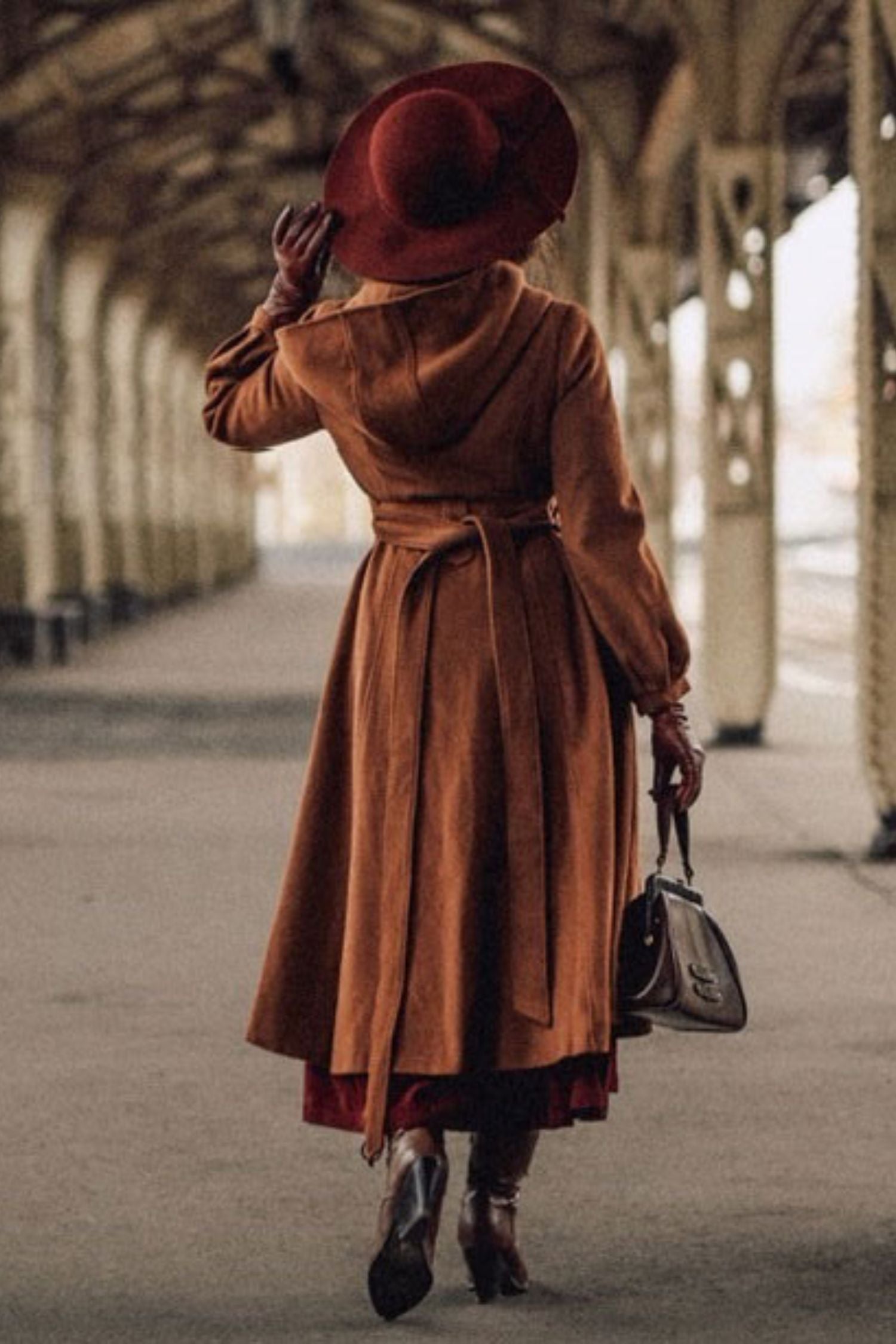 Hooded Wool Coat – Vintage Brown Swing Overcoat with Belt 3255