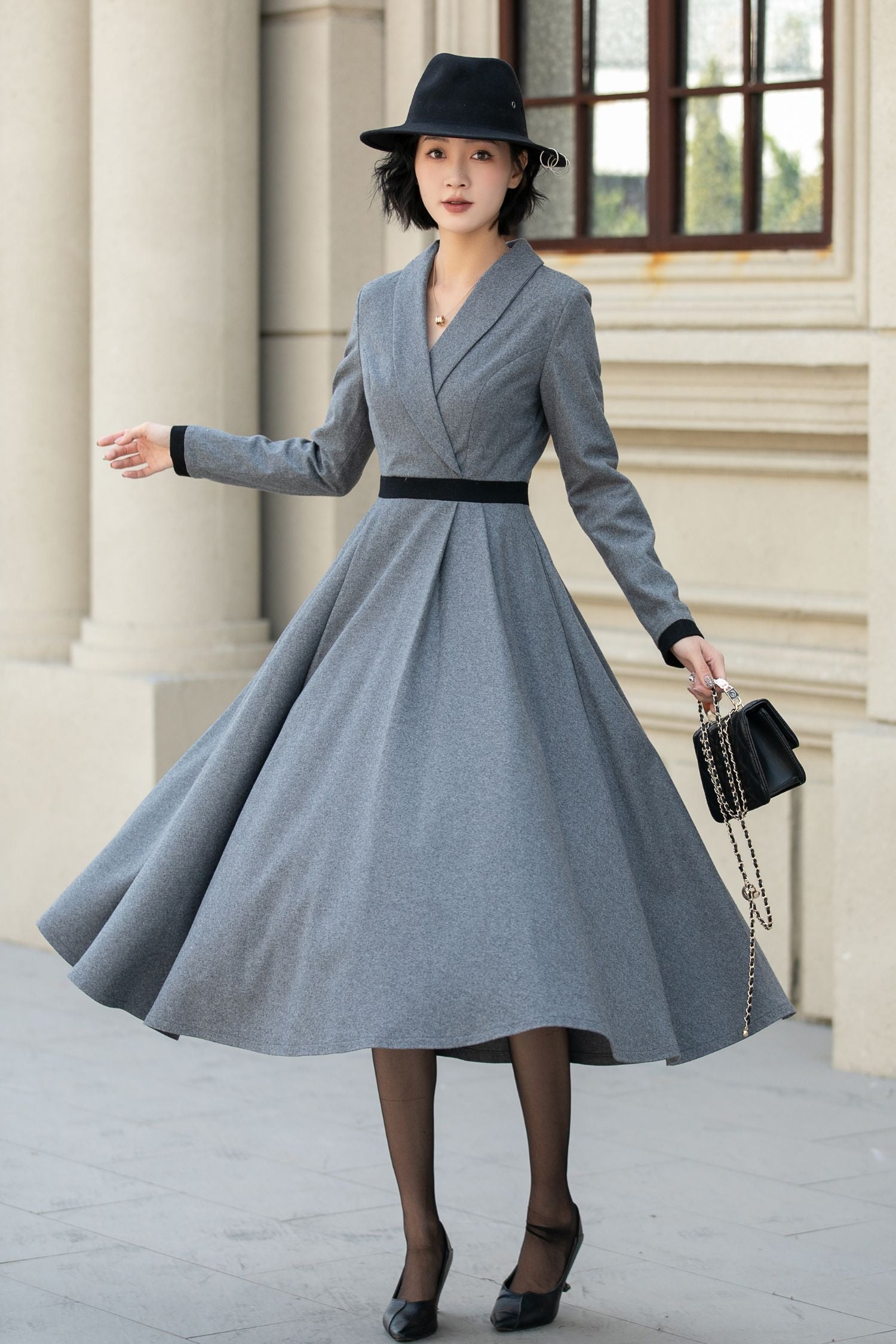 Fit and flare midi wool dress women 5457 – Xiaolizi