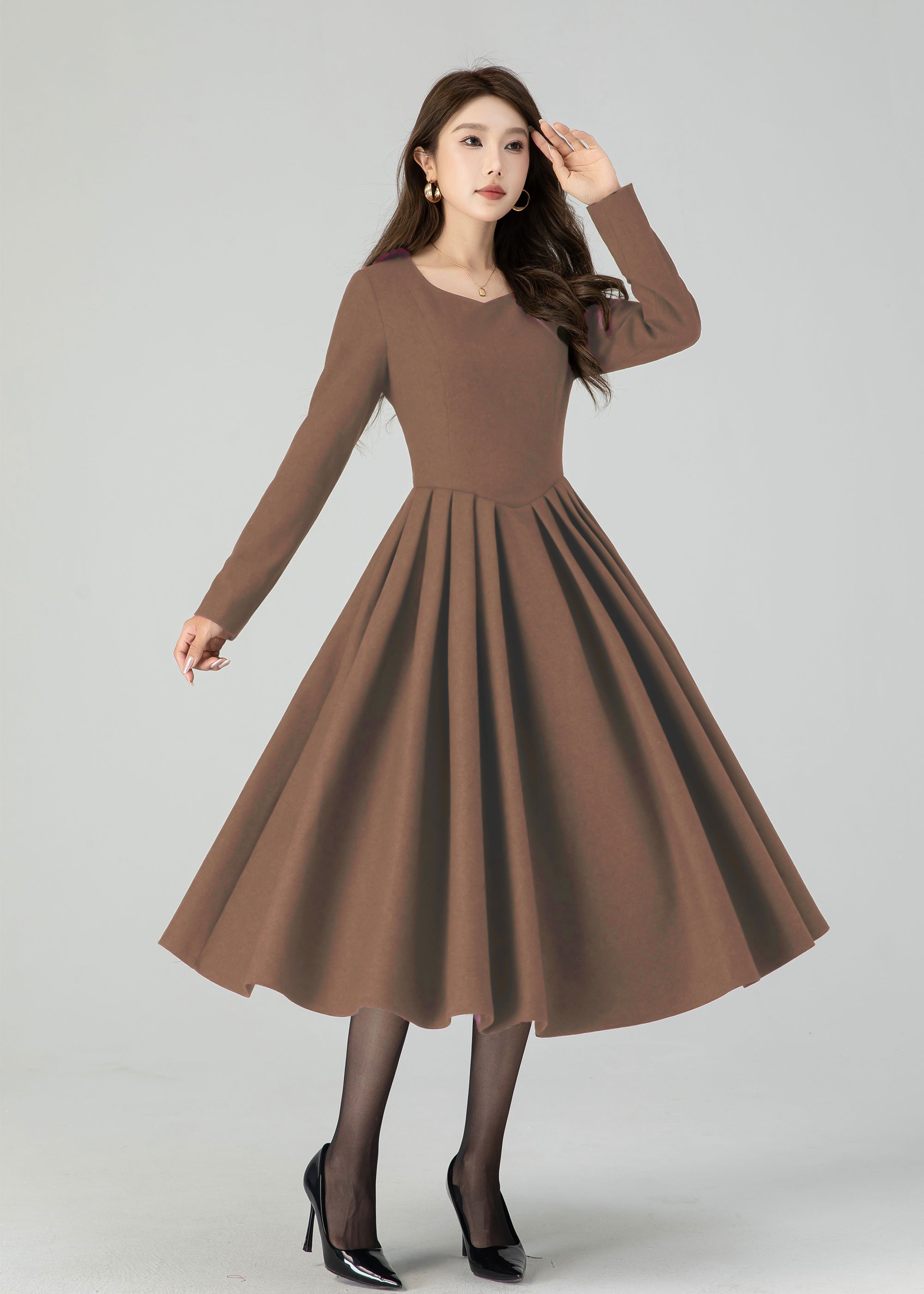 Winter Wool Midi Dress – Women's Fit and Flare Long Sleeve – Xiaolizi