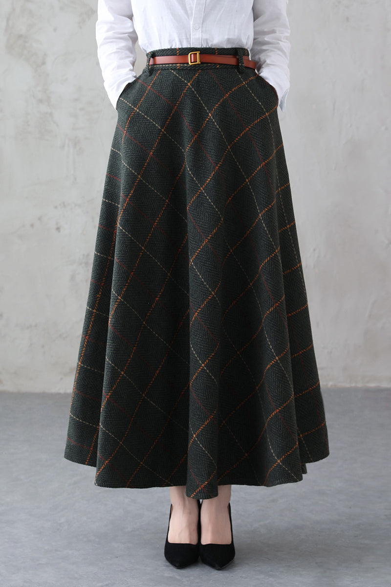 Green Plaid Wool Maxi Skirt – Vintage Swing High Waist Skirt 3841