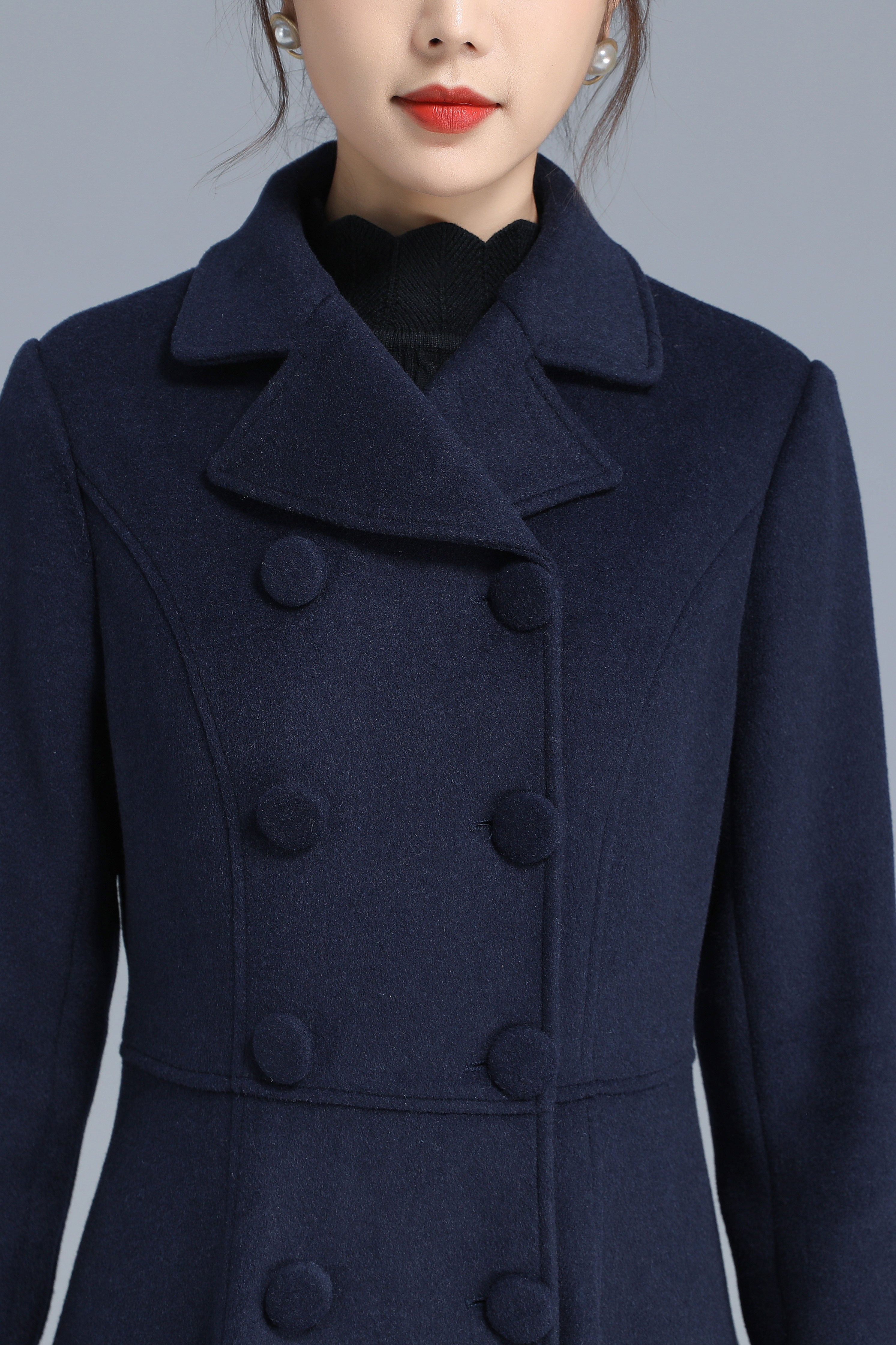 Handmade Navy Blue Wool Coat – Elegant Double Breasted Maxi Winter