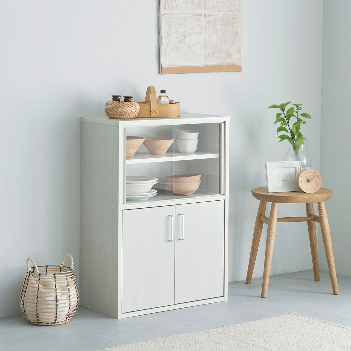 食器棚 幅57cm 高さ80cm ホワイト 白木目 ガラス引き戸 キッチン収納