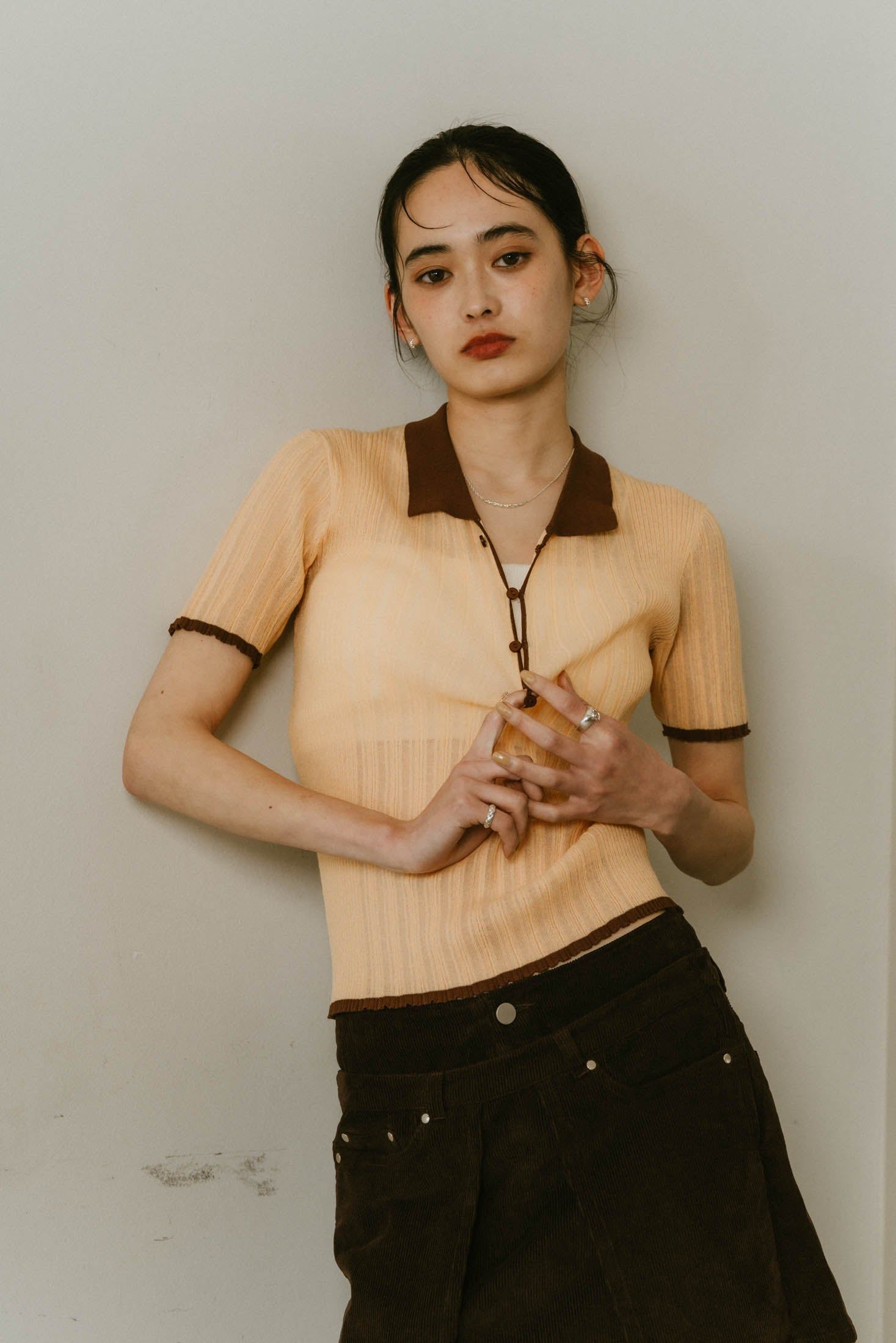 Knuth Marf - sheer polo knit / シアーニットポロシャツ (オレンジ