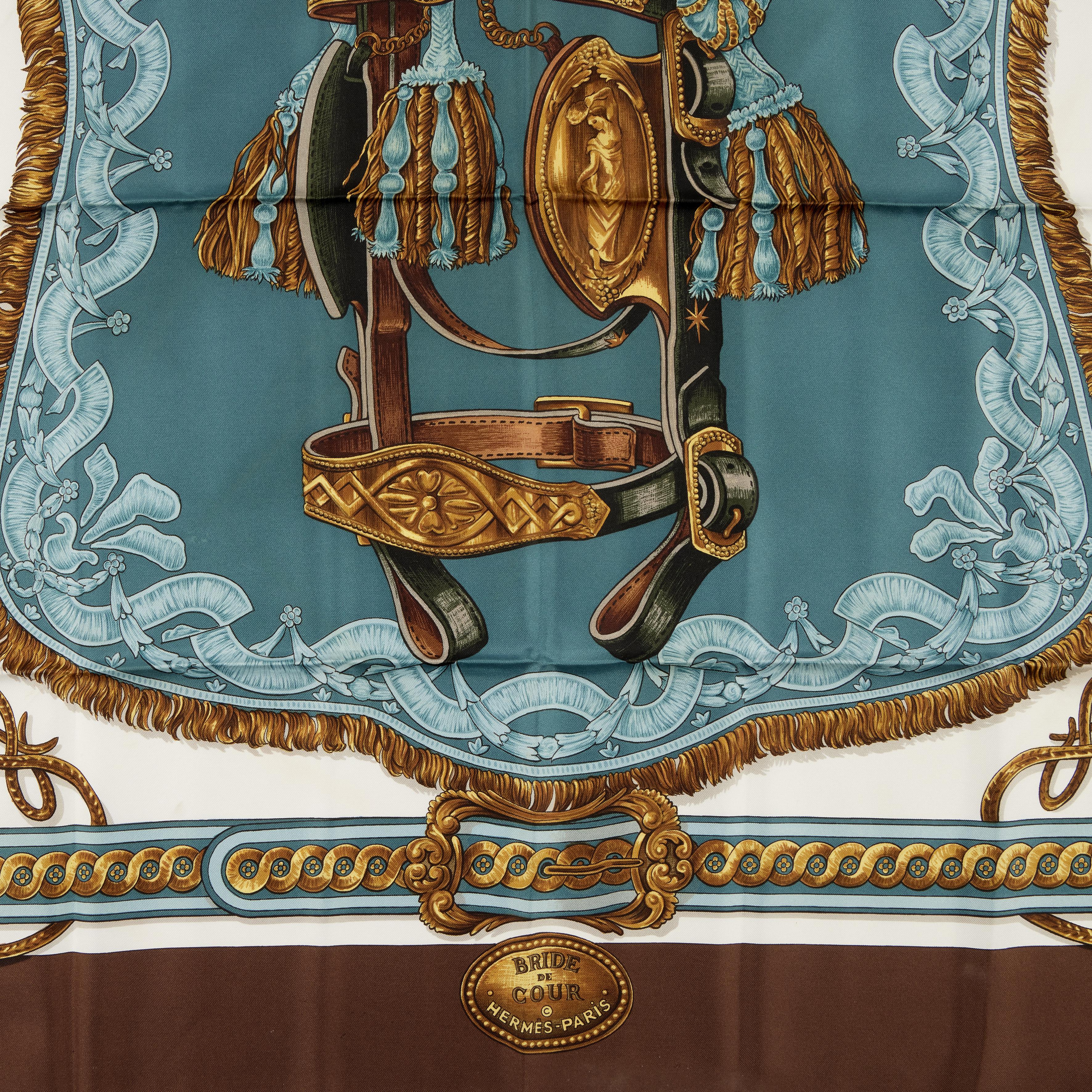 Hermès Vintage Brown, Blue, White, And Gold Bride De Cour Silk