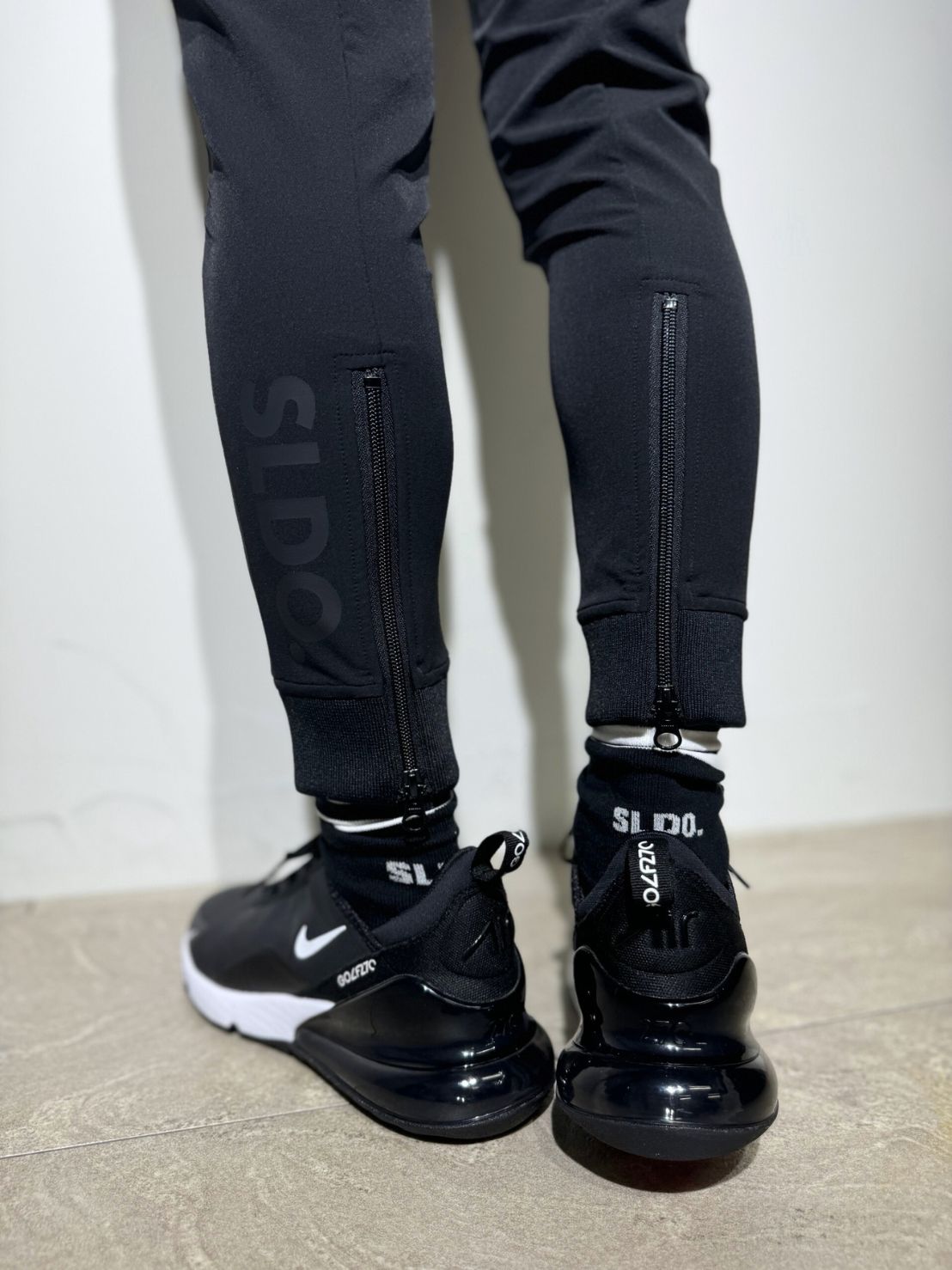 NEW STDダブルクロスストレッチリブパンツ/BLACK×BLACK LOGO (UNISEX