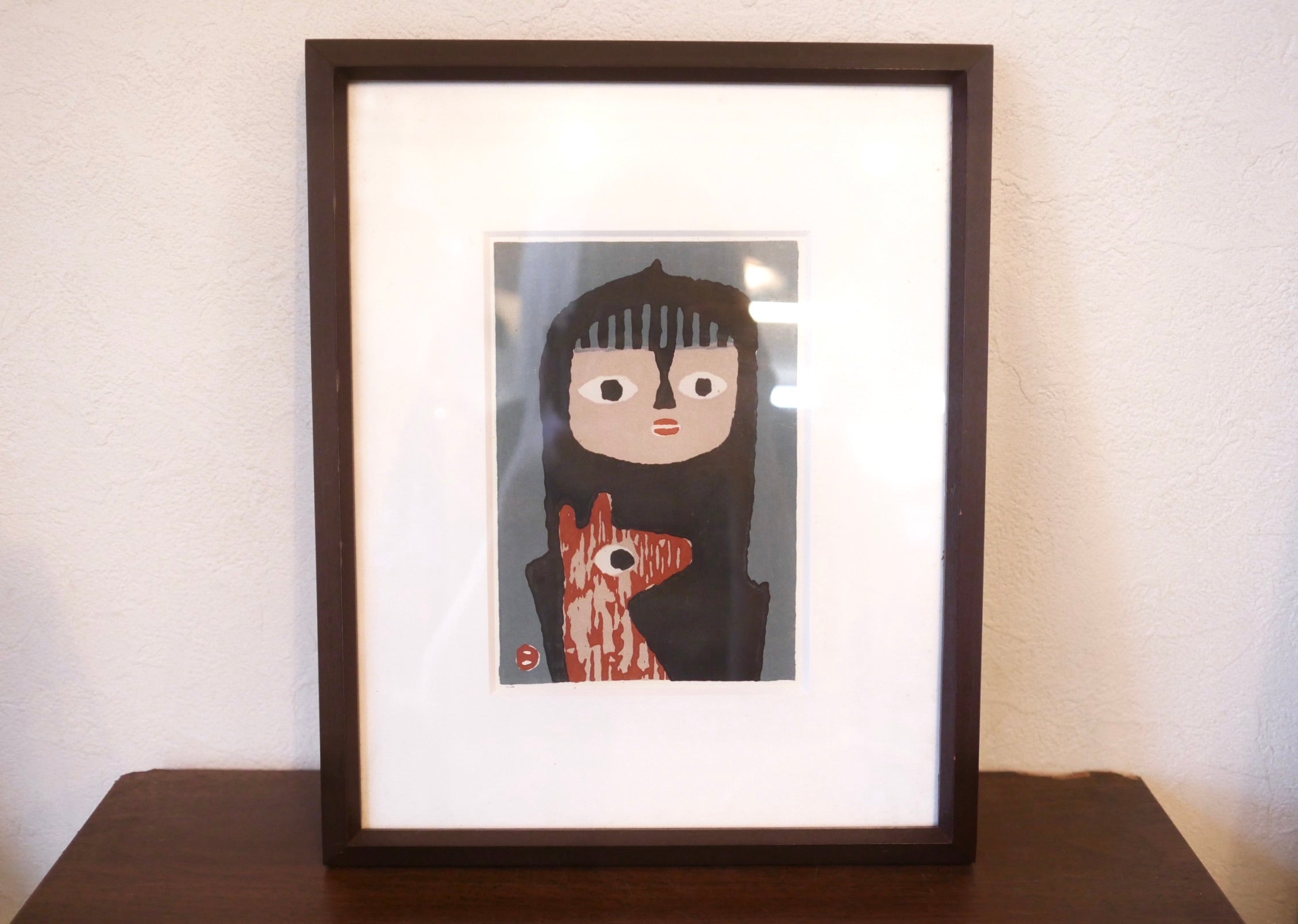 畦地梅太郎【子供と犬】木版画 額装 – smileantiques