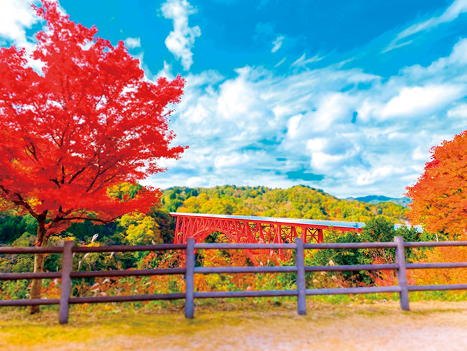 紅葉に彩ろられた田舎家