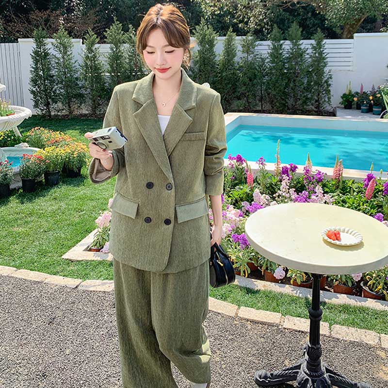 オーバーサイズグリーンセットアップ（緑）秋/冬 都会的なカジュアルスーツ