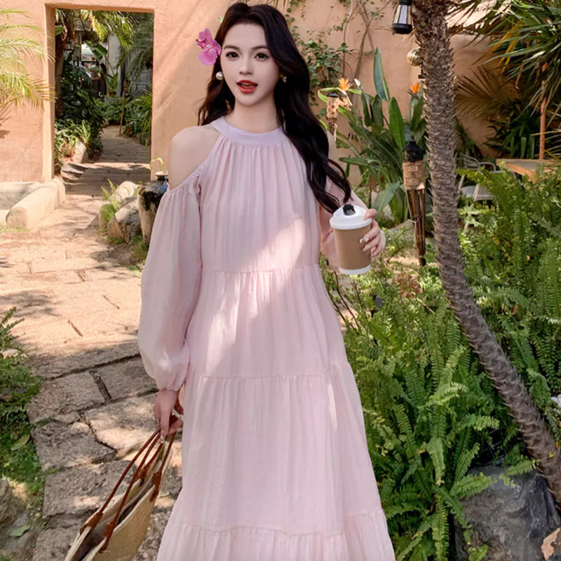 オープンショルダーティアードワンピース(5colors)（ピンク・白・青