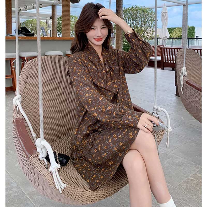 ボウタイフリルミニワンピース（茶）春/秋 レトロ可愛い花柄ワンピ