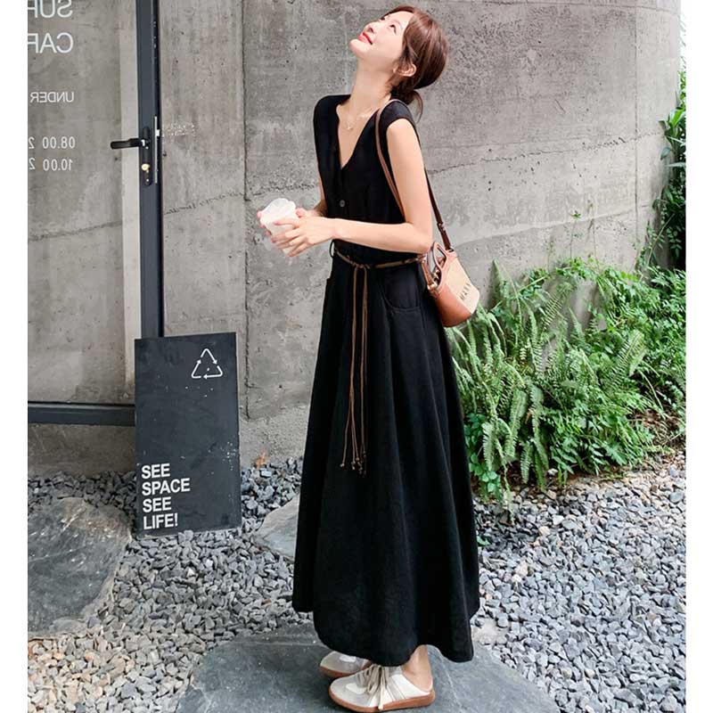 Vネックフロントボタンノースリーブワンピース（黒）春/夏 リラックス