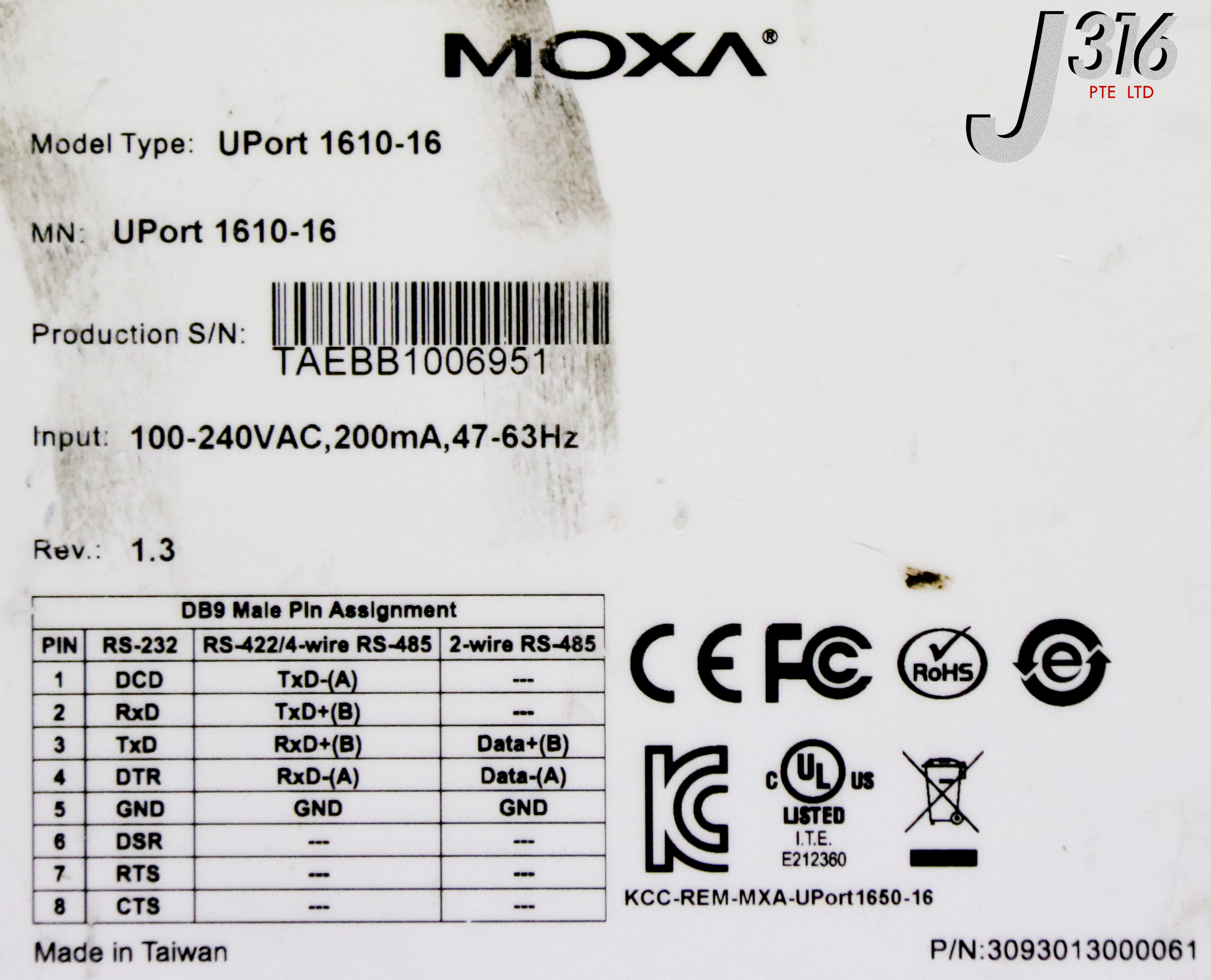 34352 MOXA HUB, SERIAL RS232 16PORT, USB2.0, KLA 0377379-000 UPORT