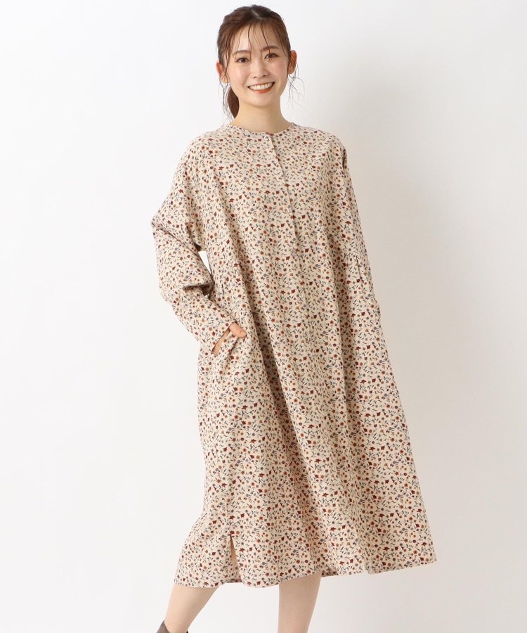 コーデュロイ小花柄プリント前開きワンピース（ミドルワンピース