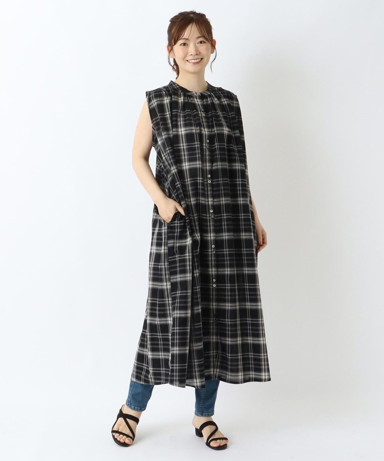 コットン先染めチェック柄ノースリーブワンピース（マキシ・ロング