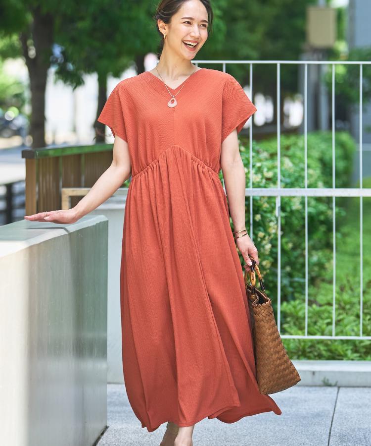 前後2WAY】さらりと大人上品に 楊柳フレンチワンピース（マキシ