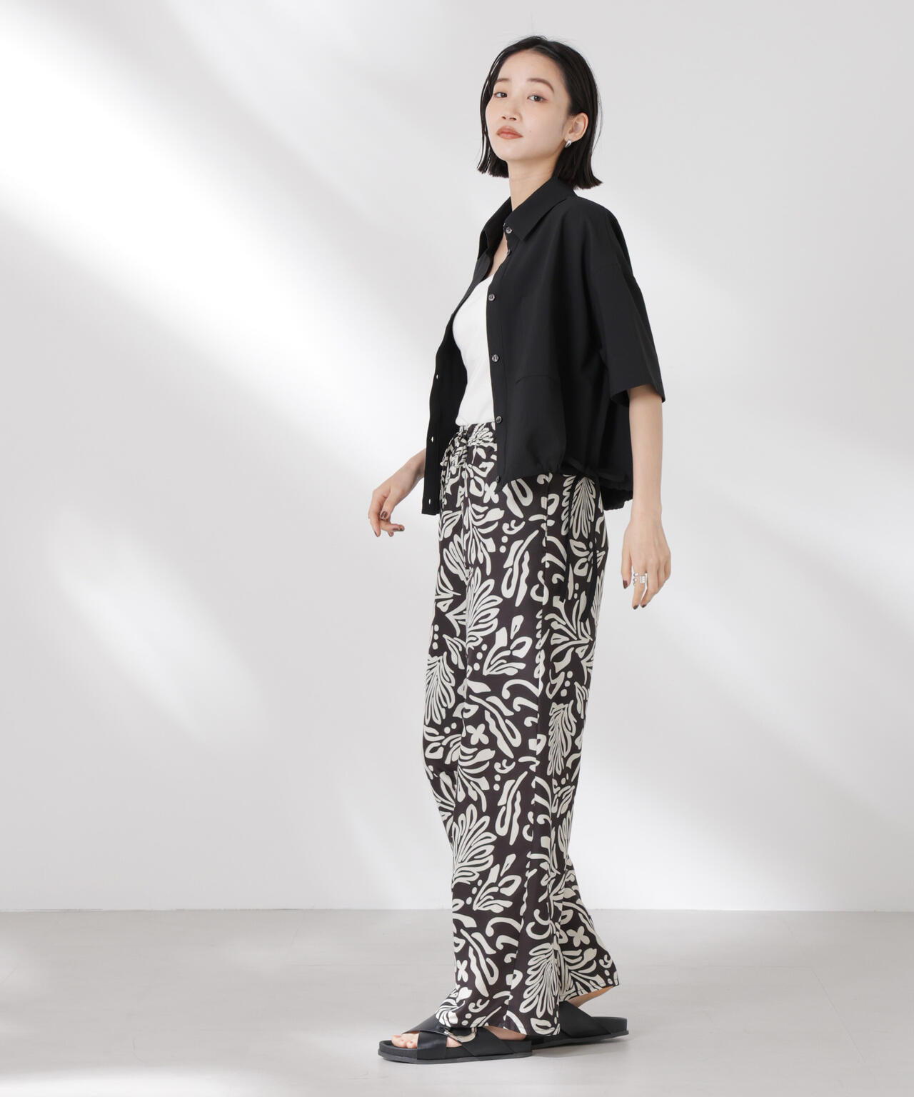 ドロスト リボンヘム クロップド サッカーシャツ ( セットアップ 可)