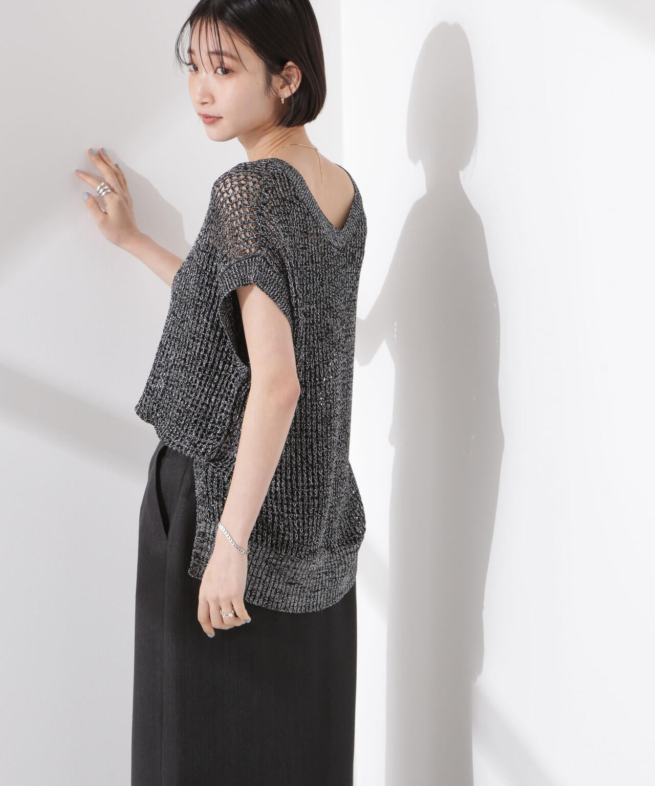 ラメ メッシュ ノースリーブ ニット ( セットアップ 可)