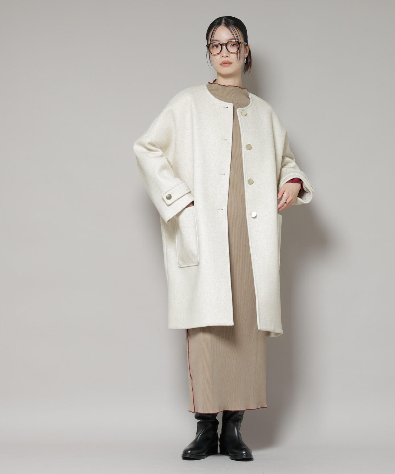 ノーカラー コクーン ミドルコート