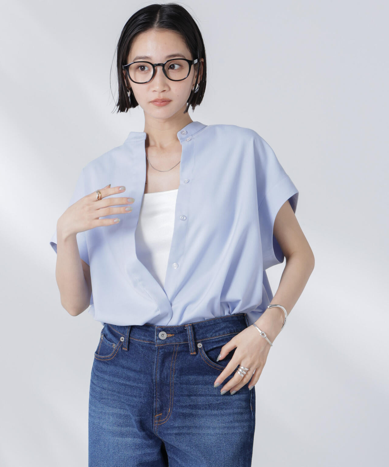 バンドカラー ノースリーブ シャツ ( セットアップ 可)