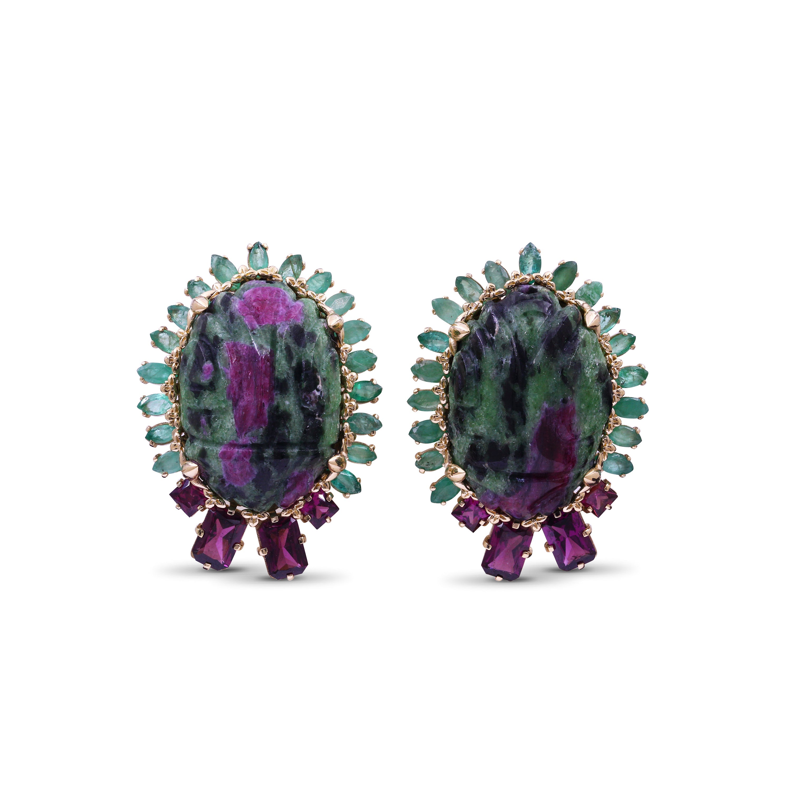 Luxury Hand Carved Ruby Zoisite 68ct Emerald 4.3ct and Rhodolite