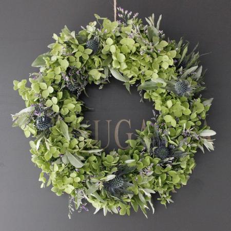 生花】紫陽花アナベルと青い小花のリース/はなどんやキット - 花材通販