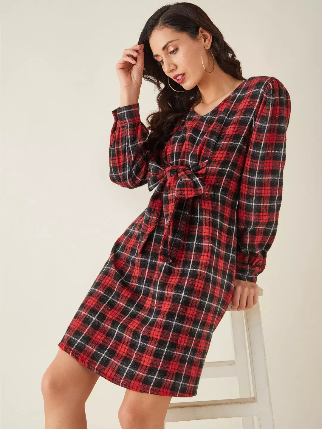 Balloon Sleeves Pre-Winter Flannel Check Midi Dress with Tie up