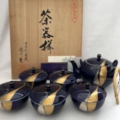 深川製磁 瑠璃色、金彩、銀彩、鳥柄 急須 蓋付き湯呑み5客セット 共箱