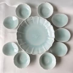 有田焼 藤巻窯 潯陽窯 青白磁 大皿 小鉢 三つ足 銘々皿 高台付き小皿