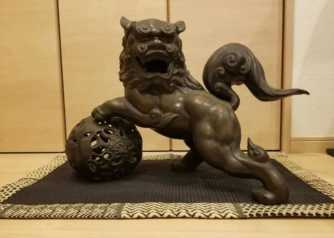 昭和復古大型鐵製金屬工藝玉乗り獅子玉獅子鑄物狛犬擺件裝飾品