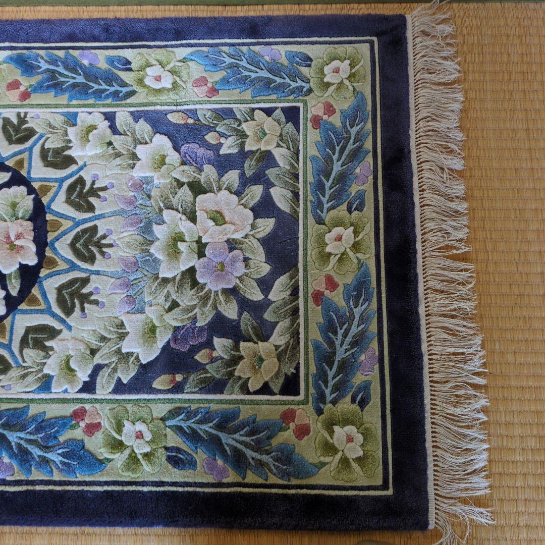 玄関マット 花柄刺繍ネイビーブルー ラグ