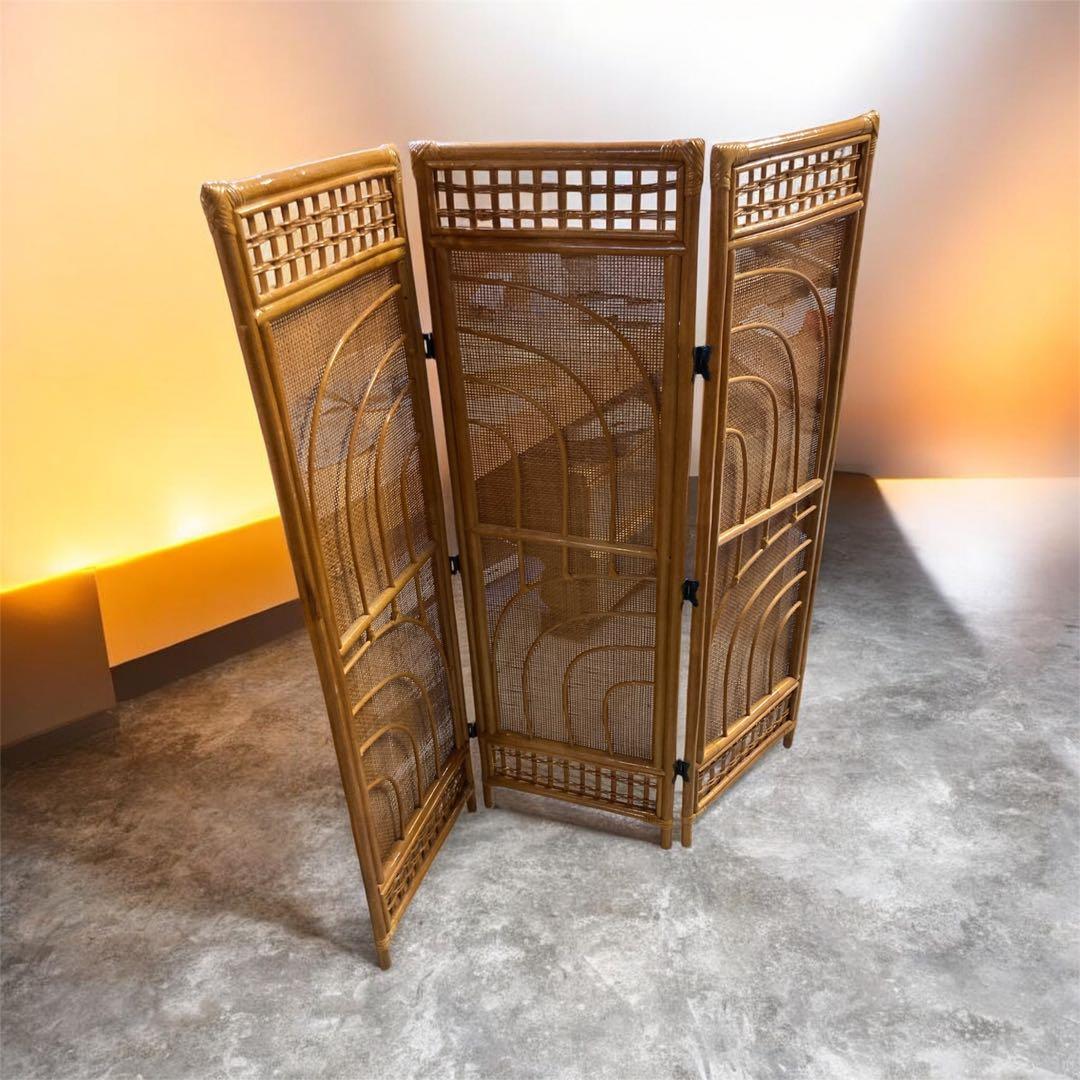 ラタン 3連 パーテーション 衝立 間仕切り 籐 昭和レトロ アンティーク