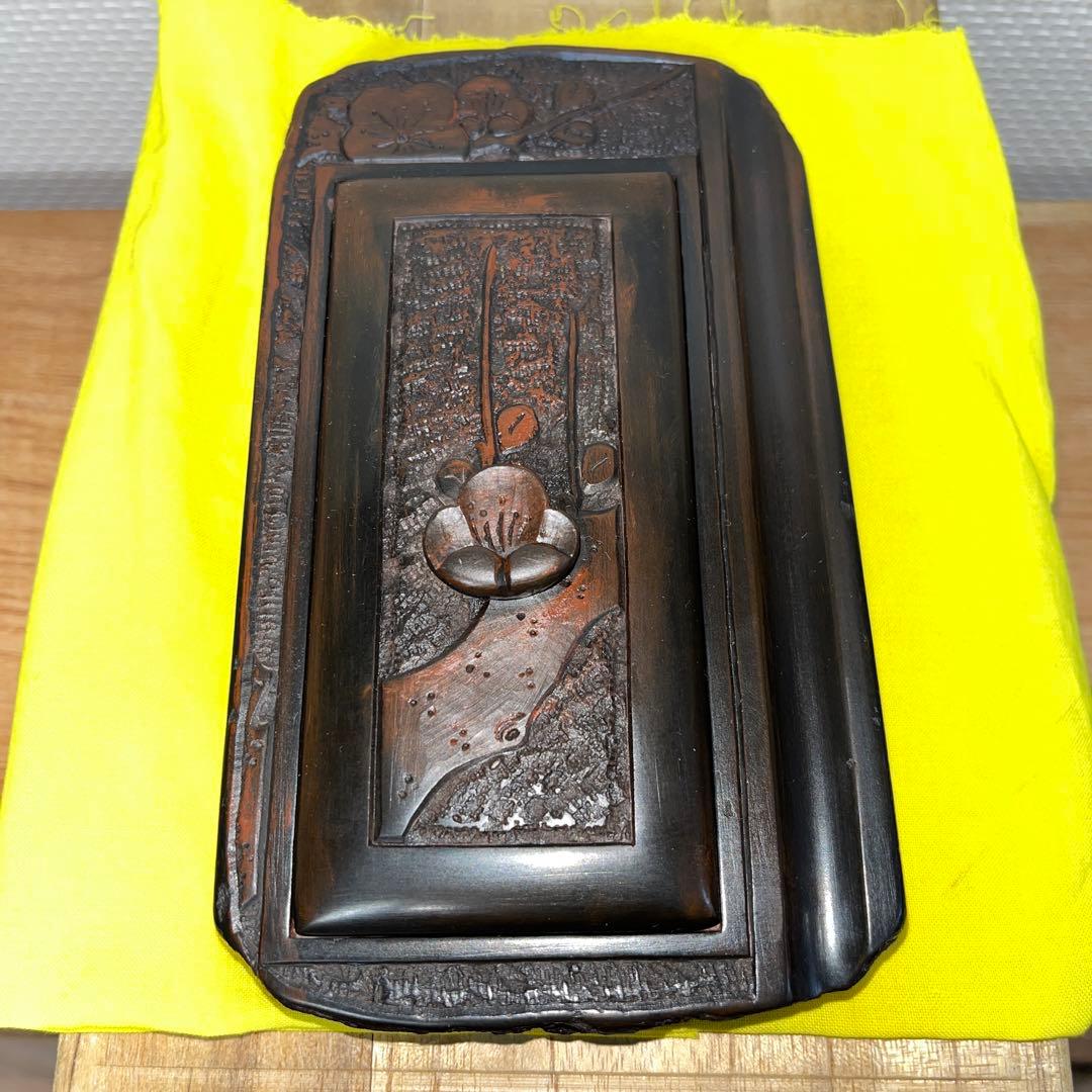 ⭕️赤間硯 共蓋付梅花彫刻硯 阿野硯製作所 龍泉作 美品 墨持ち良い