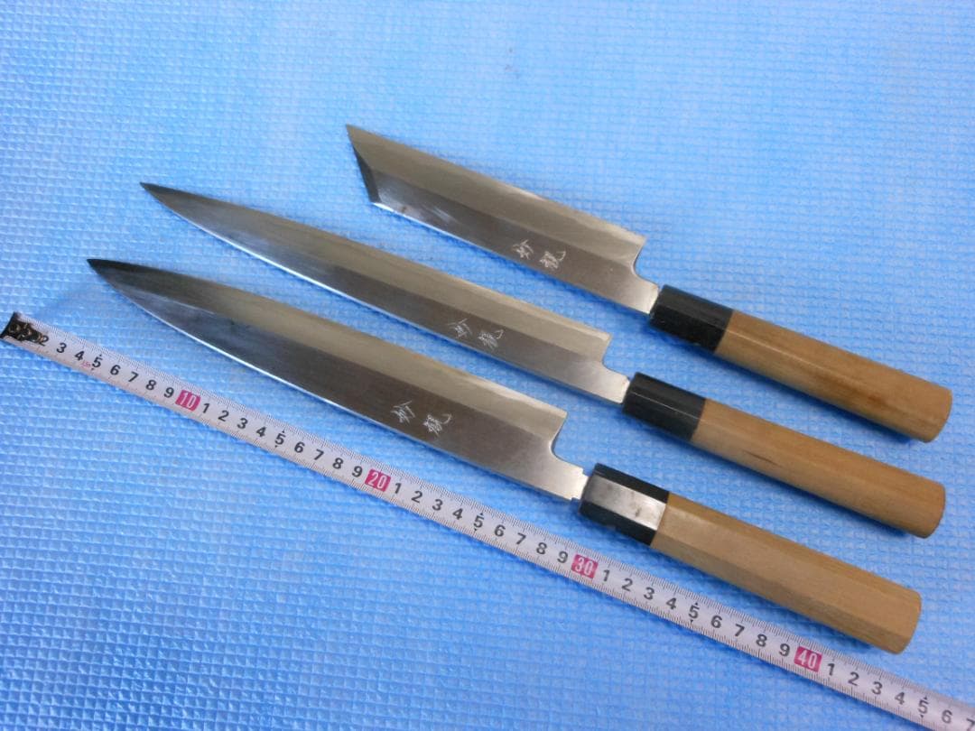 キッチン用品　在銘・妙観　柳刃包丁 3本セット 包丁 三徳包丁 刃渡り17cm 木柄 日本製 バイアキッチン OLIVIER （ 17