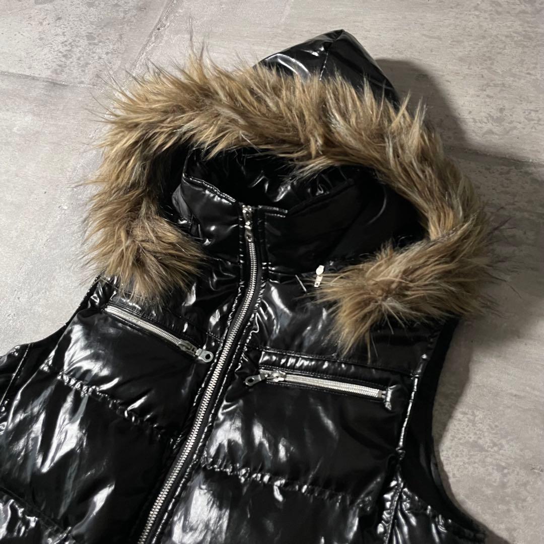 00s アーカイブ ファー付き ダウンベスト 光沢 テカテカ 短丈 平成