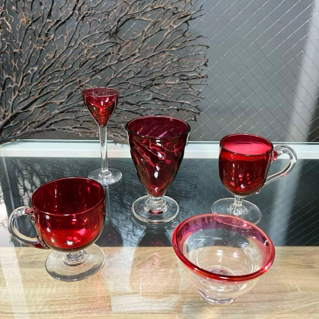 骨董 時代 希少金赤ガラス モールガラス調 流線型 アイスコップ ウラン