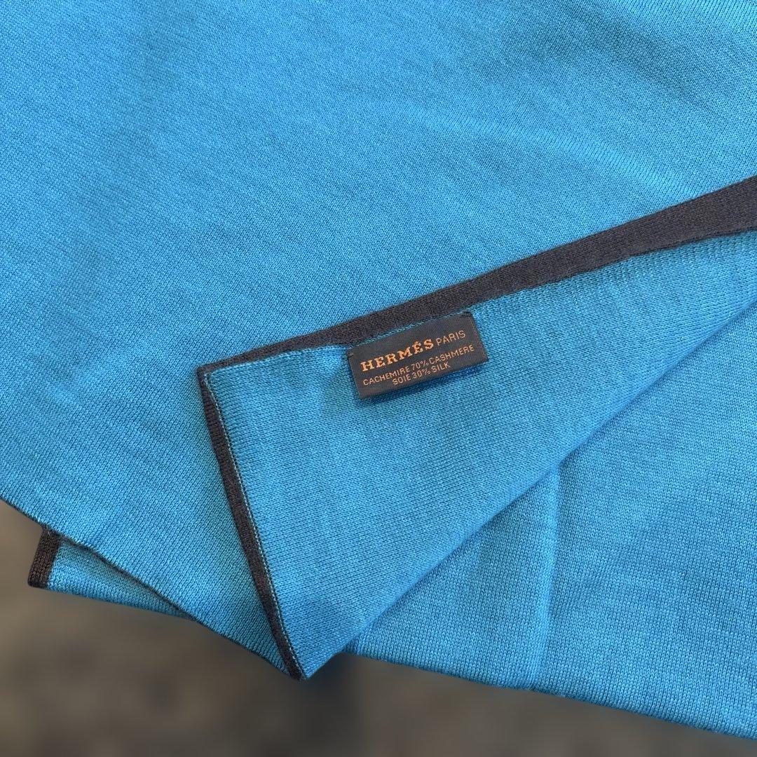 HERMES カシミア シルク マフラー ブルーブラウン Hロゴ HERMES ブルー