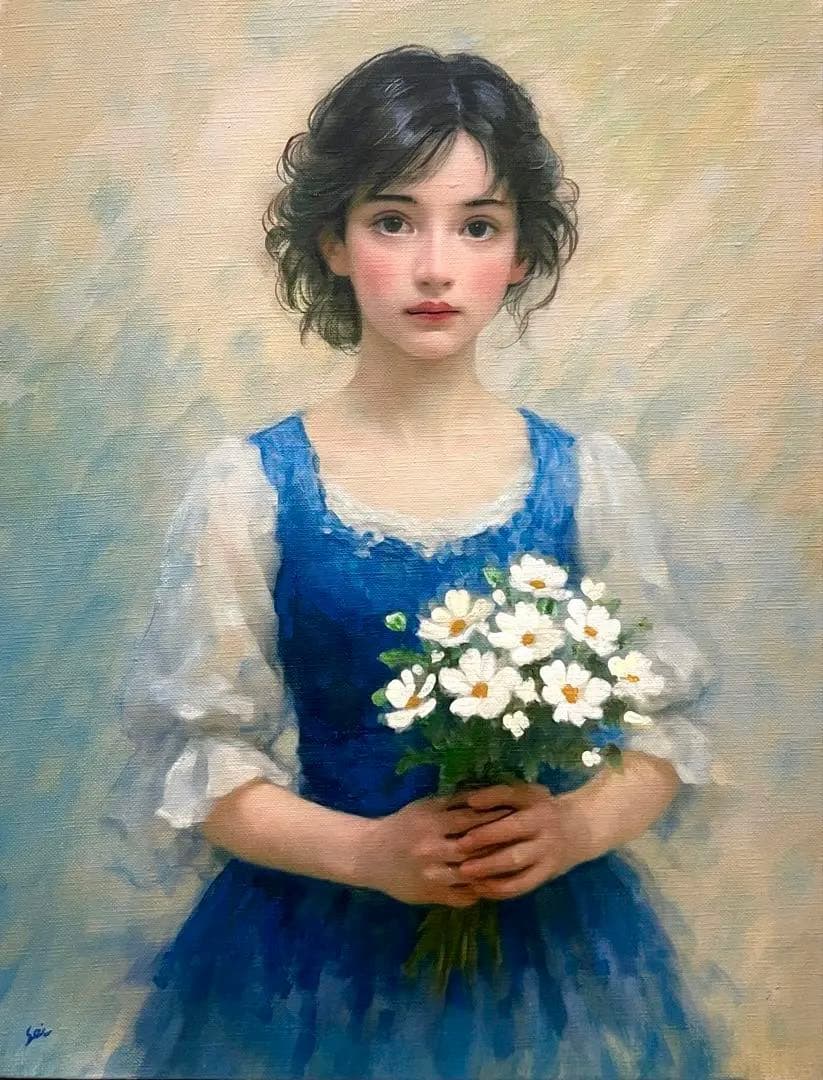 F6号)青谷誠一【花を抱く少女】表サイン有/共シール有/真作/油彩