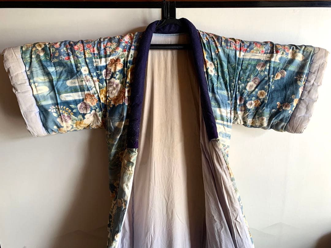 昭和レトロ】 かいまき布団 掻巻 花柄 鮮やか 和模様 ベロア 京都 日本