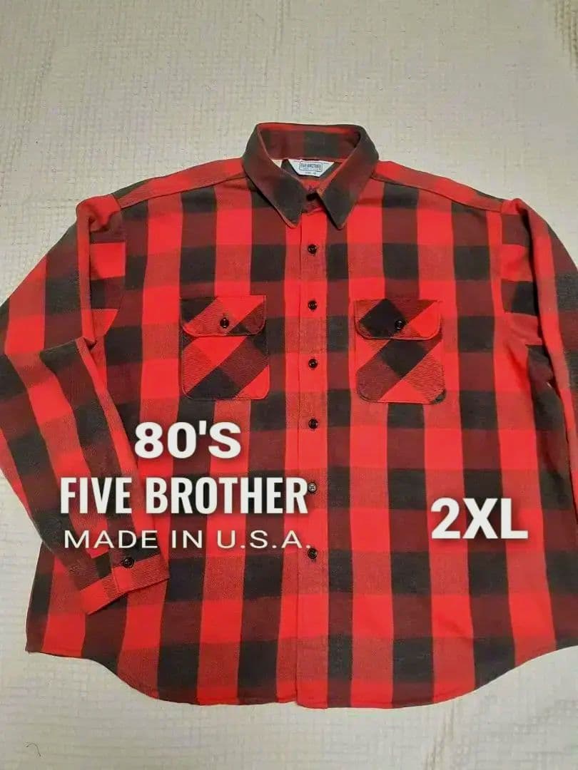 70'S～80'S FIVE BROTHER　ネルシャツ　USA製　2XL USA製 70s~80s FIVE BROTHER Check Flannel L/S Shirt 青黒灰 XL