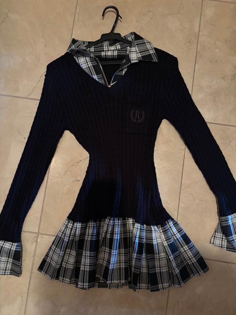 完売品 Randy カービーニットチェックドッキングワンピース ブラック