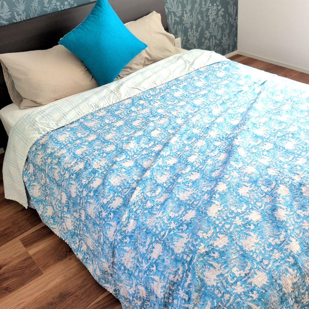 L】花柄 ハンドブロックプリント カンタキルト ソファカバー ブルー 760