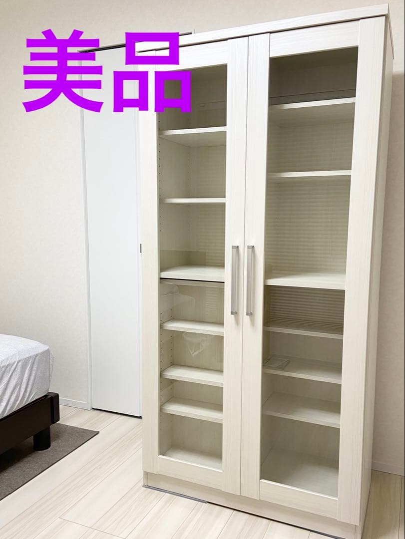 飾り棚 書棚 ディスプレイ+追加棚板2枚付き ディスプレイラック/本棚 〔2個セット ホワイト〕 幅約92cm フラップ扉