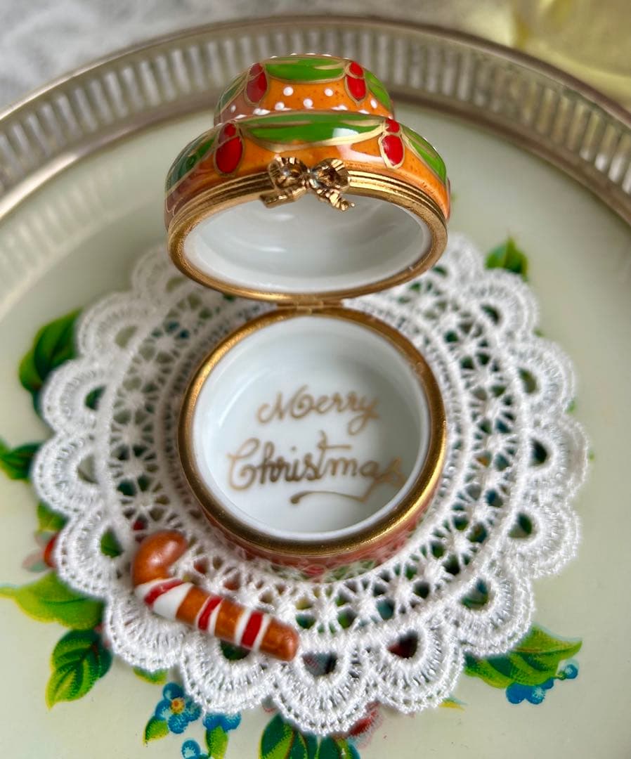 希少品リモージュボックス クリスマスケーキ ヴィンテージステッキ型