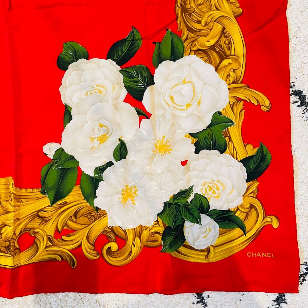 正規品】CHANEL シルクスカーフ 花柄 レッド