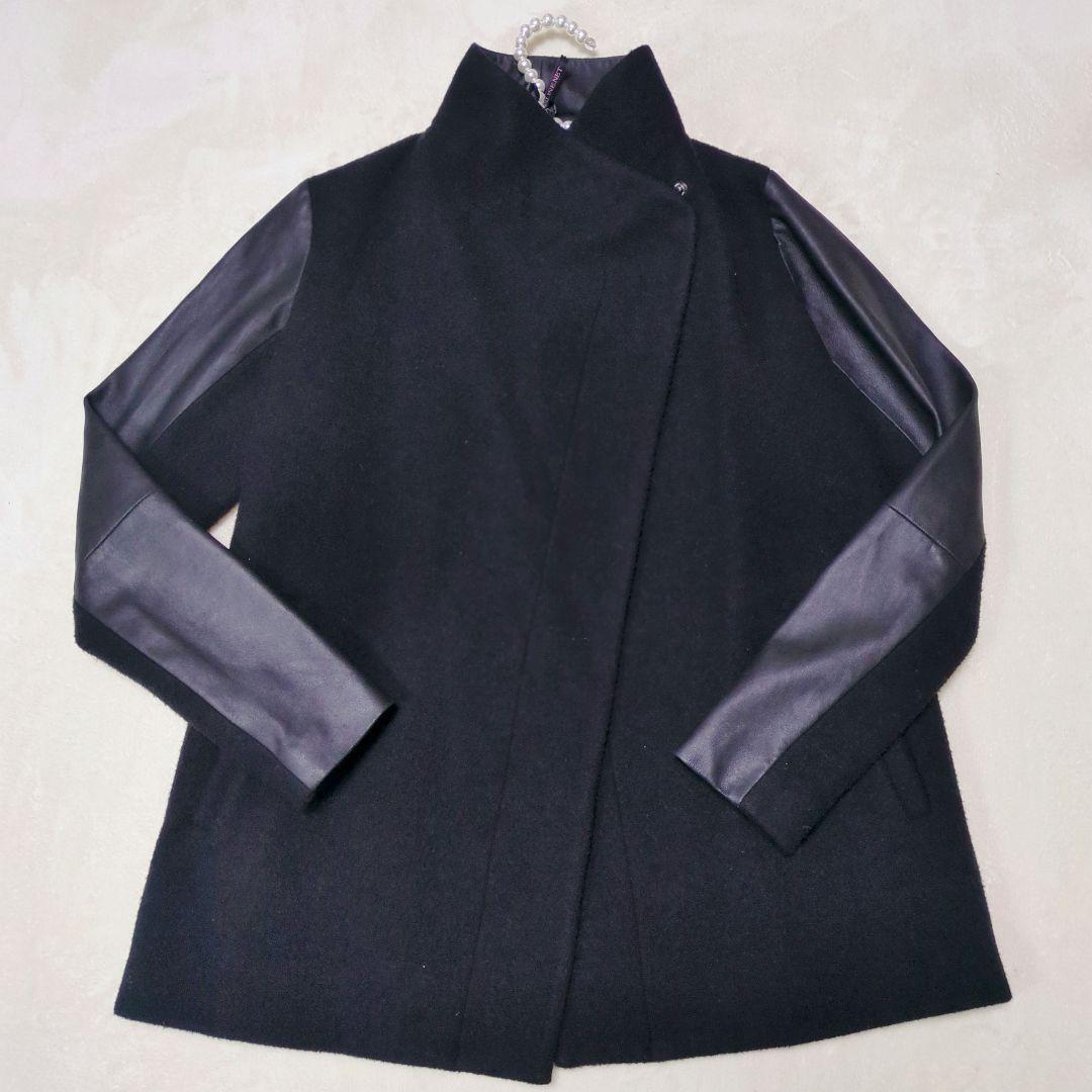 美品✨theory レザー 切替 ウール ケープ コート アウター 黒